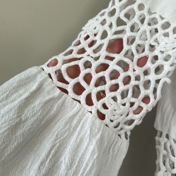 Tyler Boe Izzy Eyelet Topper Crochet Dress w Bell Sleeves Notch Neck White - Picture 11 of 15